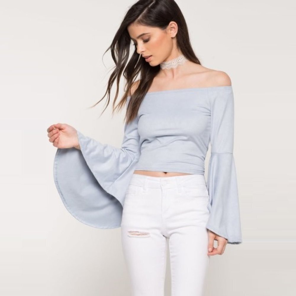 Blue Bell Sleeve Suede Off Shoulder Top